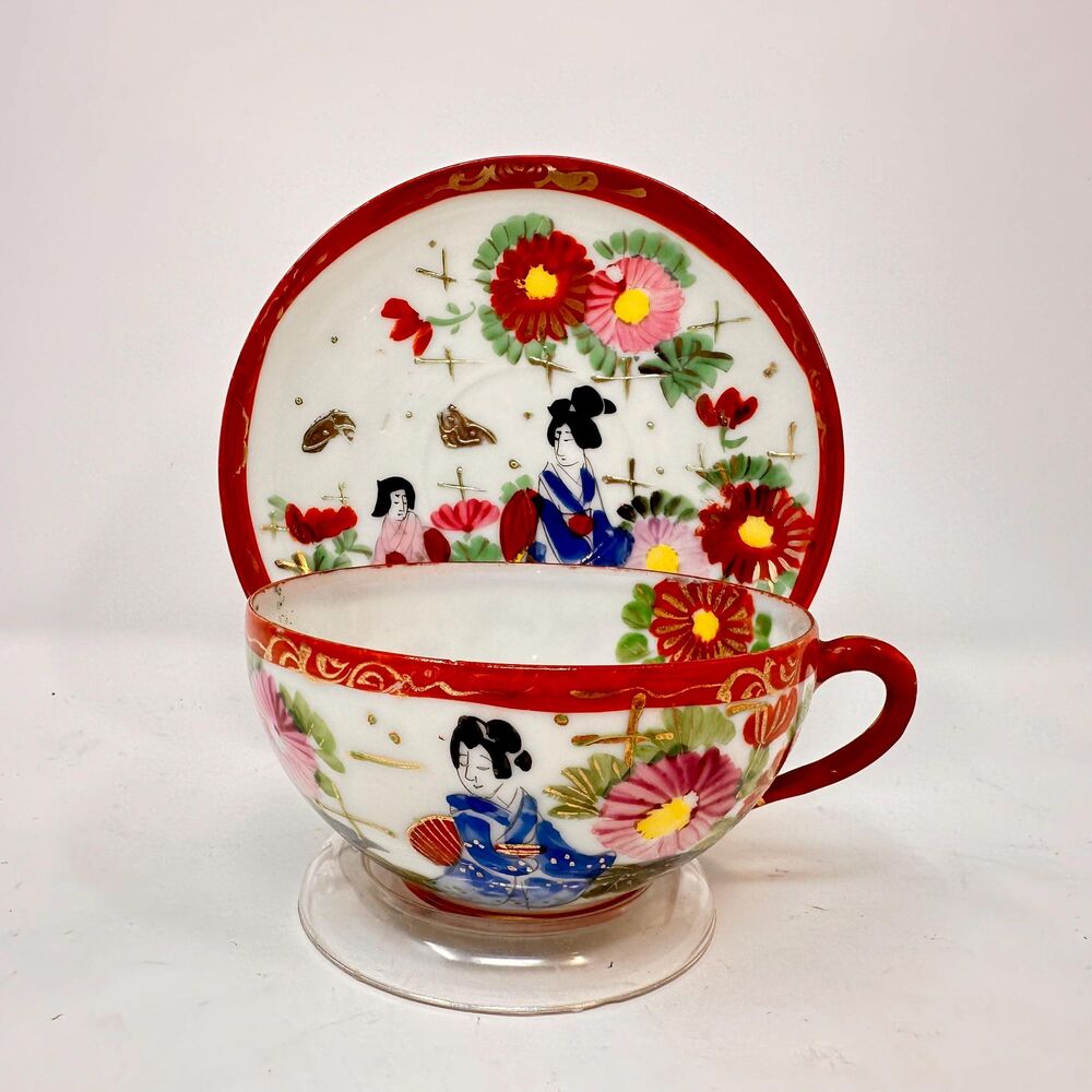 Vintage Japanese Kutani Geisha Girl Porcelain Teacup Saucer Set Red Gold Signed